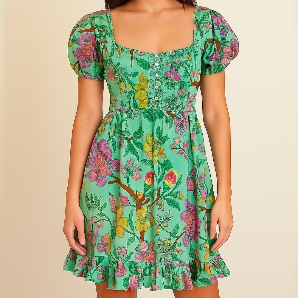House of Harlow 1960 Teal Hawaiian Floral Puff Sleeve Smocked Fit & Flare Dress